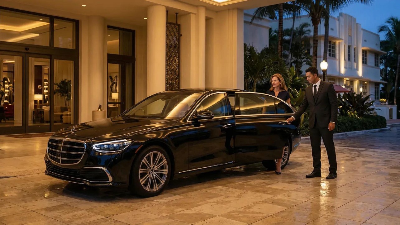 Berline noire portière ouverte devant l'entrée d'un hôtel, chauffeur accueillant une passagère à la tombée du soir