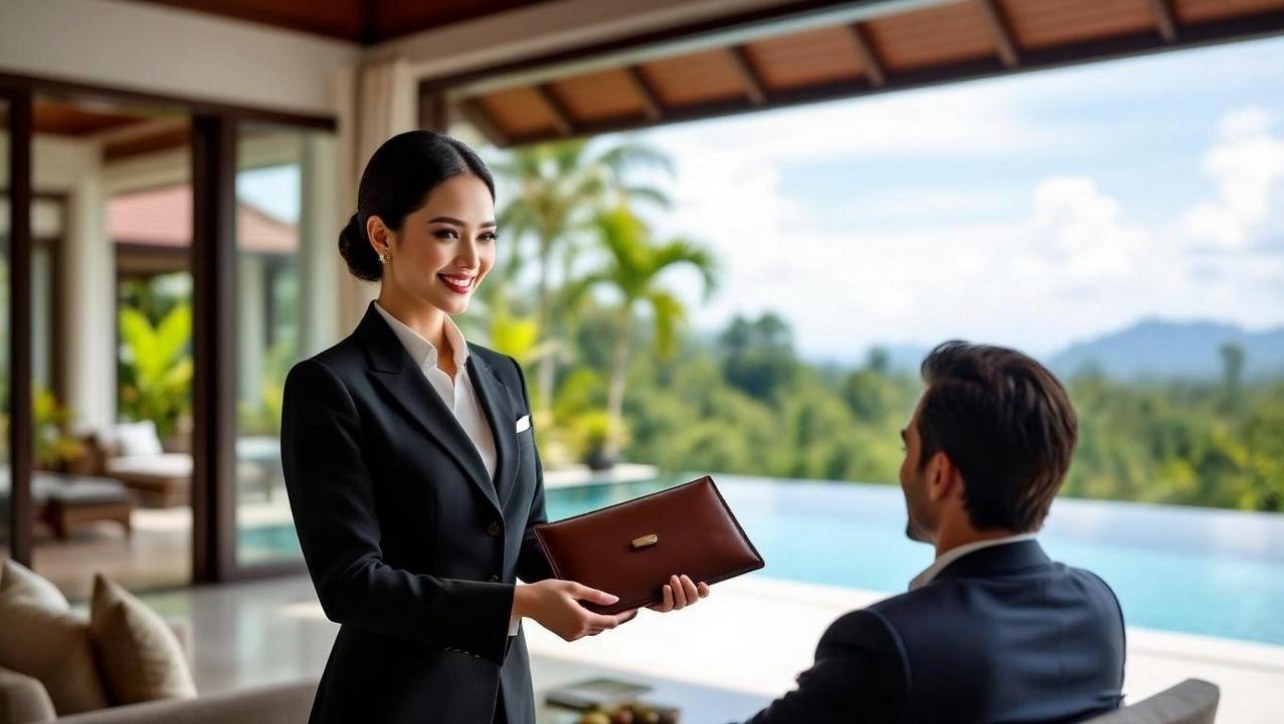 Conciergerie remettant un dossier à un client dans le salon d'une villa ouverte sur la piscine et la végétation