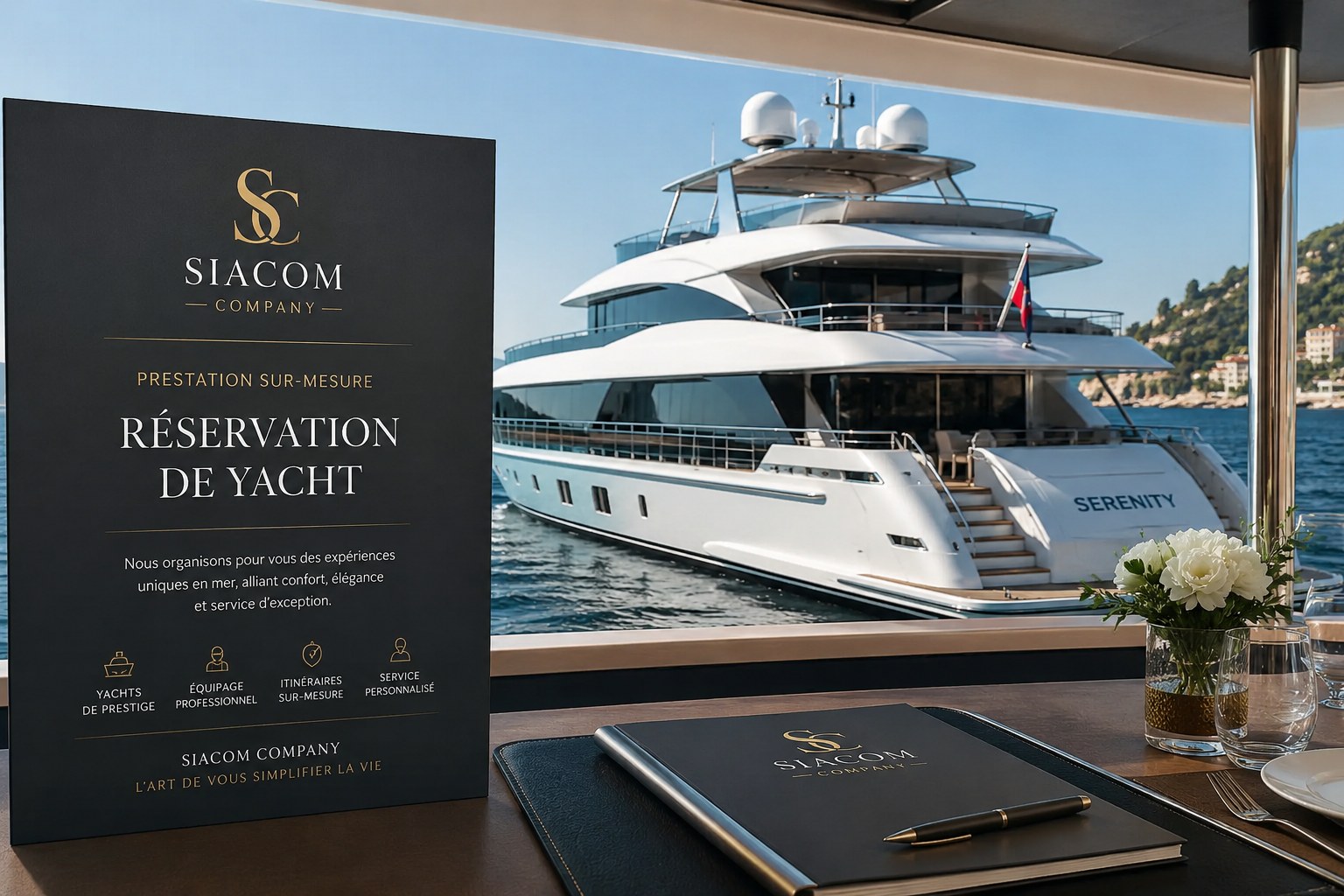 Réservation de yacht SIACOM : yacht de prestige à quai vu depuis une table dressée à bord, équipage et itinéraires sur mesure